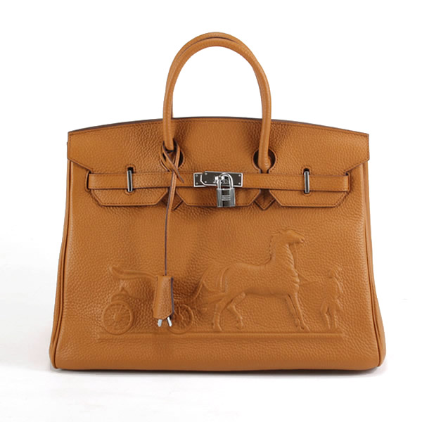 High Quality Fake Hermes Birkin 35CM with Embossed logo Handbag Light Coffee 6089 - Click Image to Close